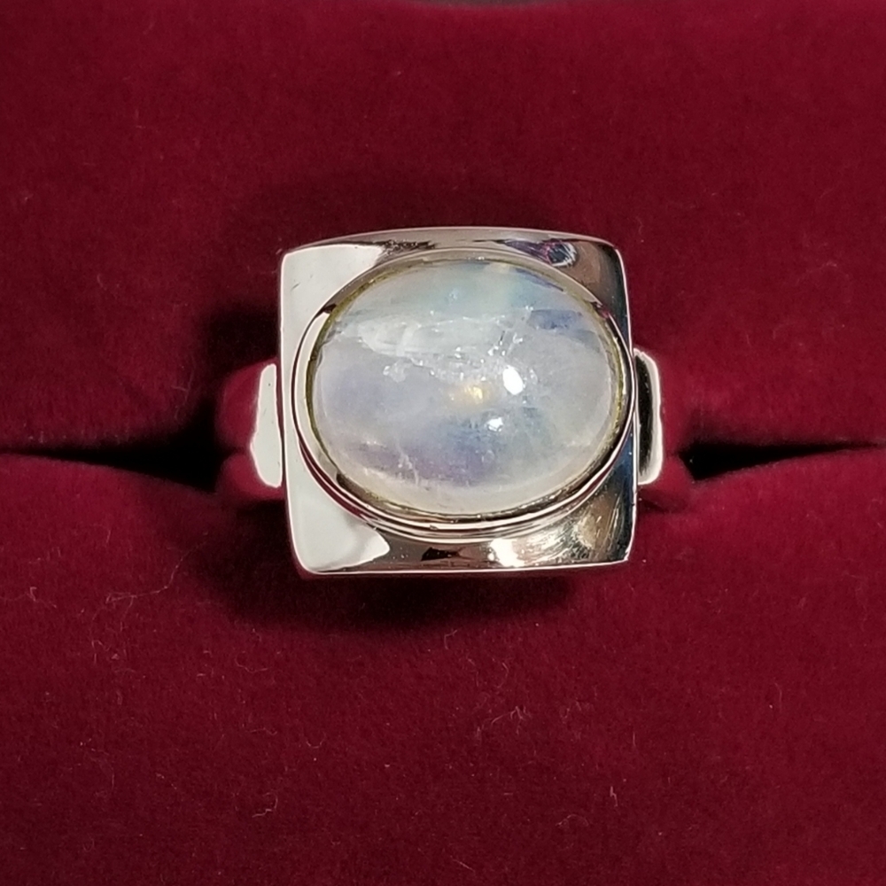 Sterling Silver Natural Rainbow Moonstone Ladies Ring